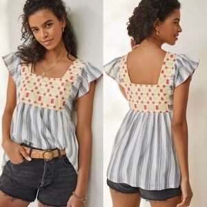 Forever That Girl Anthropologie Embroidered Tunic Top Flutter Sleeves
